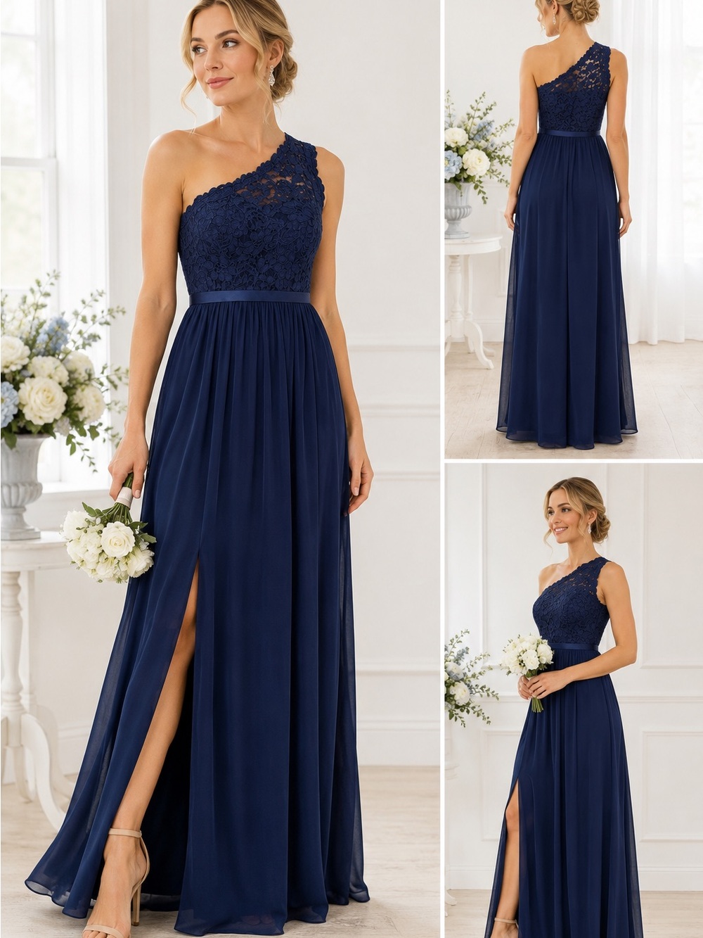 David’s Bridal Size 2 Navy One Shoulder Lace Bridesmaid Gown formal dress F17063